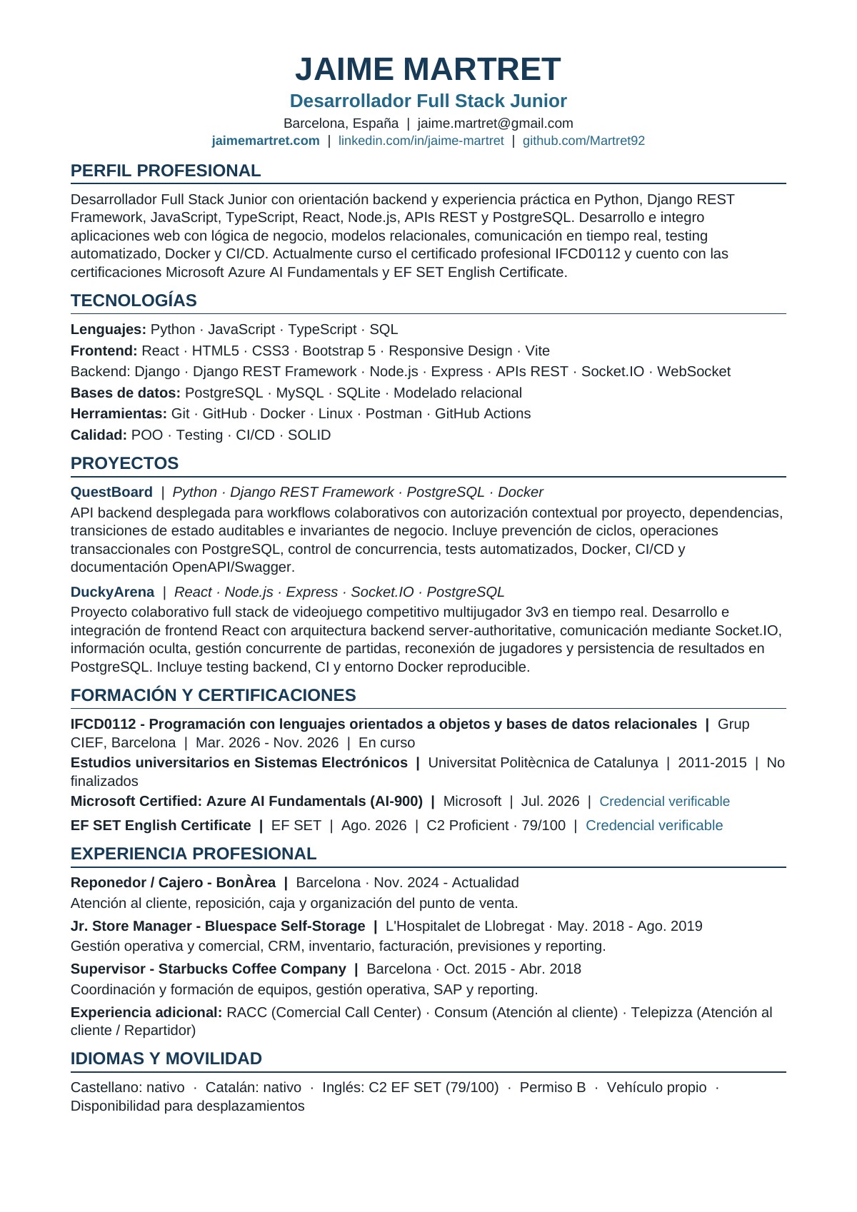 First page preview of Jaime Martret’s CV