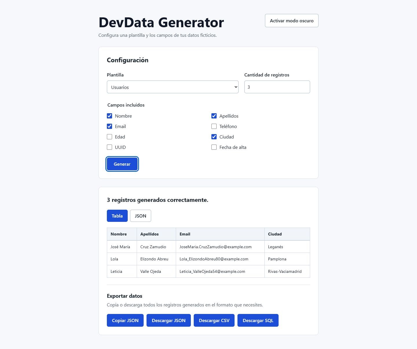 DevData Generator configured with the Users template and three generated records shown in a table.