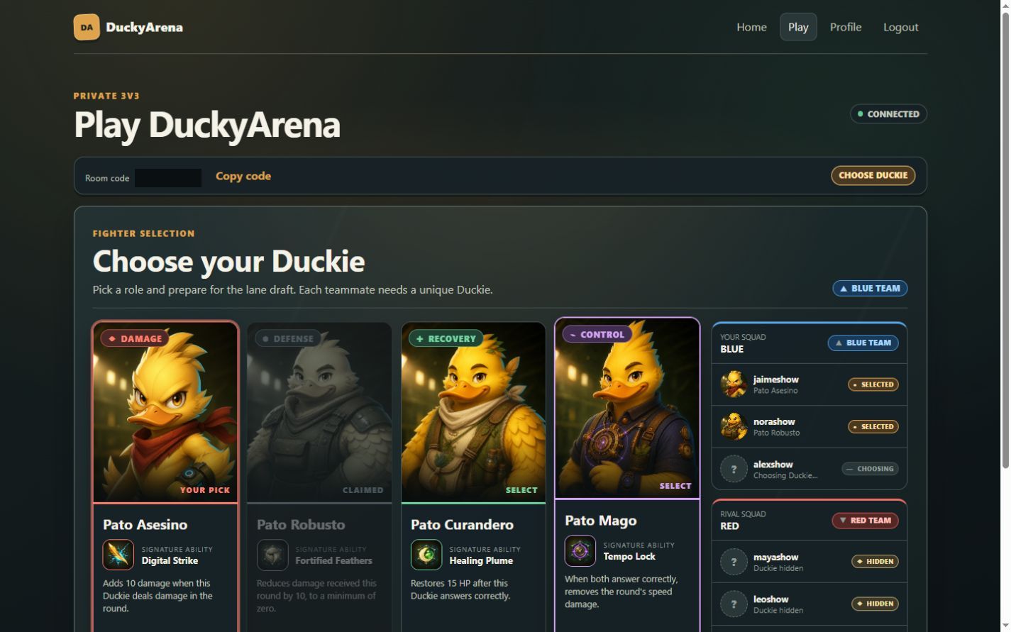 DuckyArena character selection showing four Duckies, roles, abilities and team rosters.