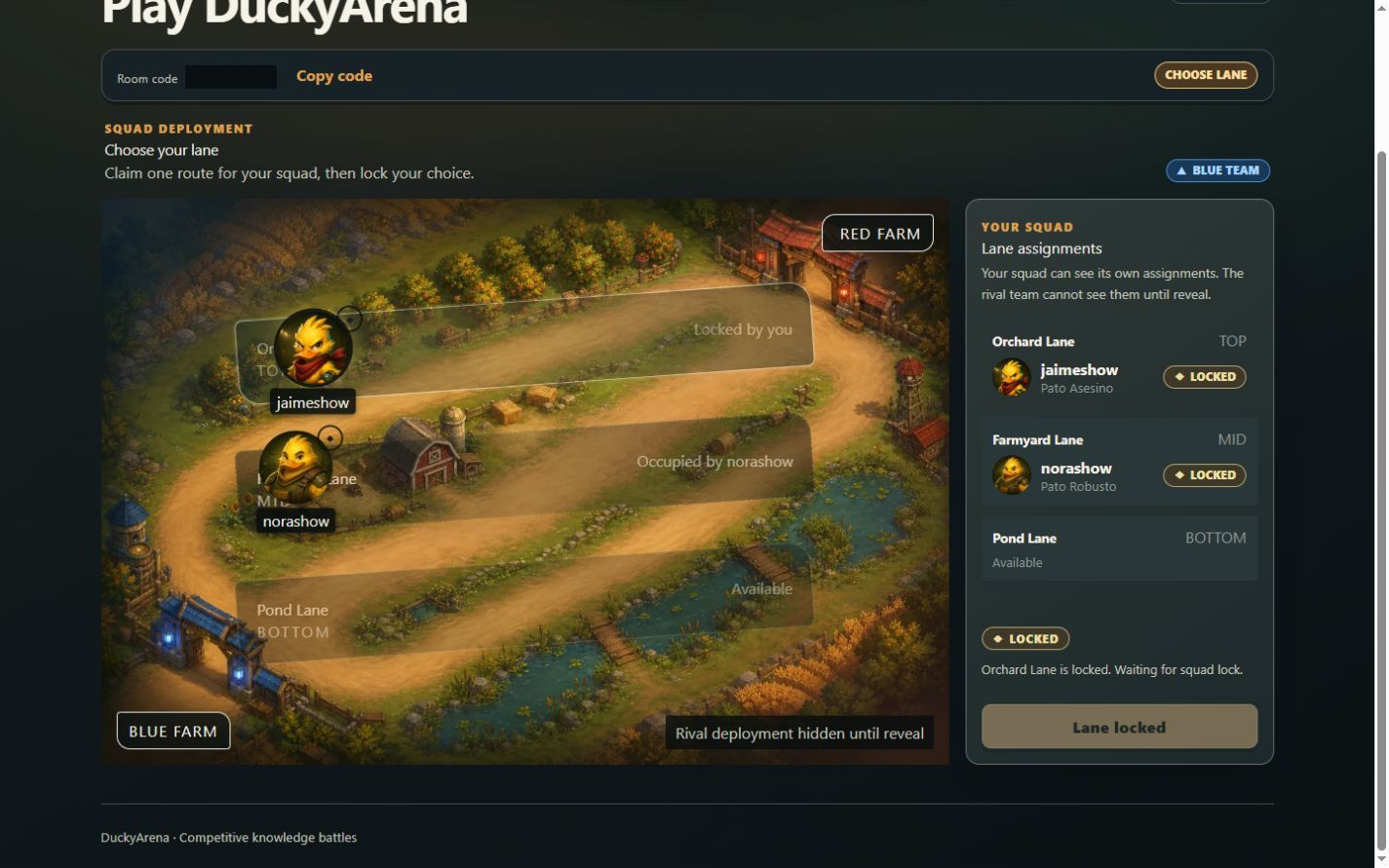 DuckyArena farm arena with three selectable lanes, BLUE tokens and hidden RED deployment.