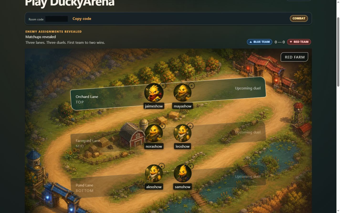 DuckyArena matchup reveal showing six players paired across Orchard, Farmyard and Pond lanes.