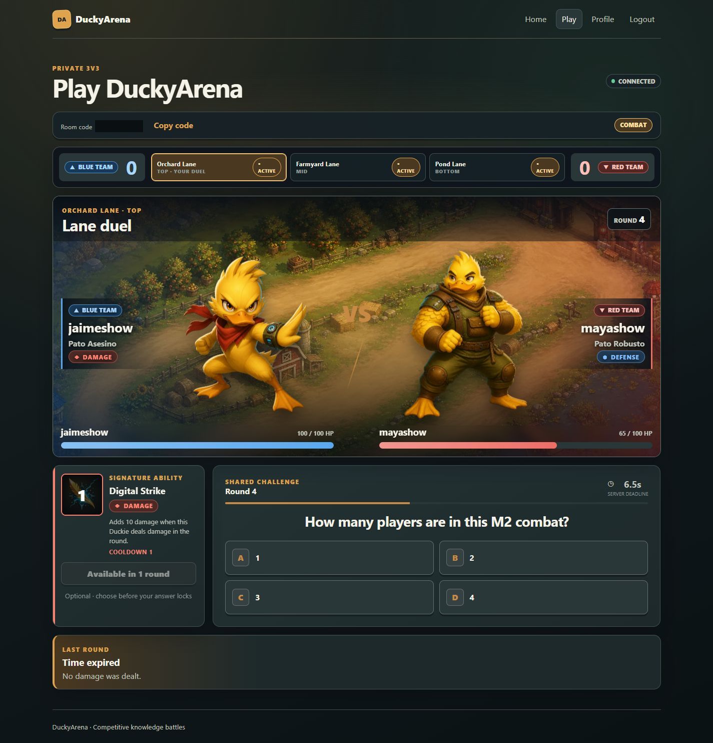 DuckyArena combat screen with two Duckies, HP bars, technical question, four answers, ability and lane score.