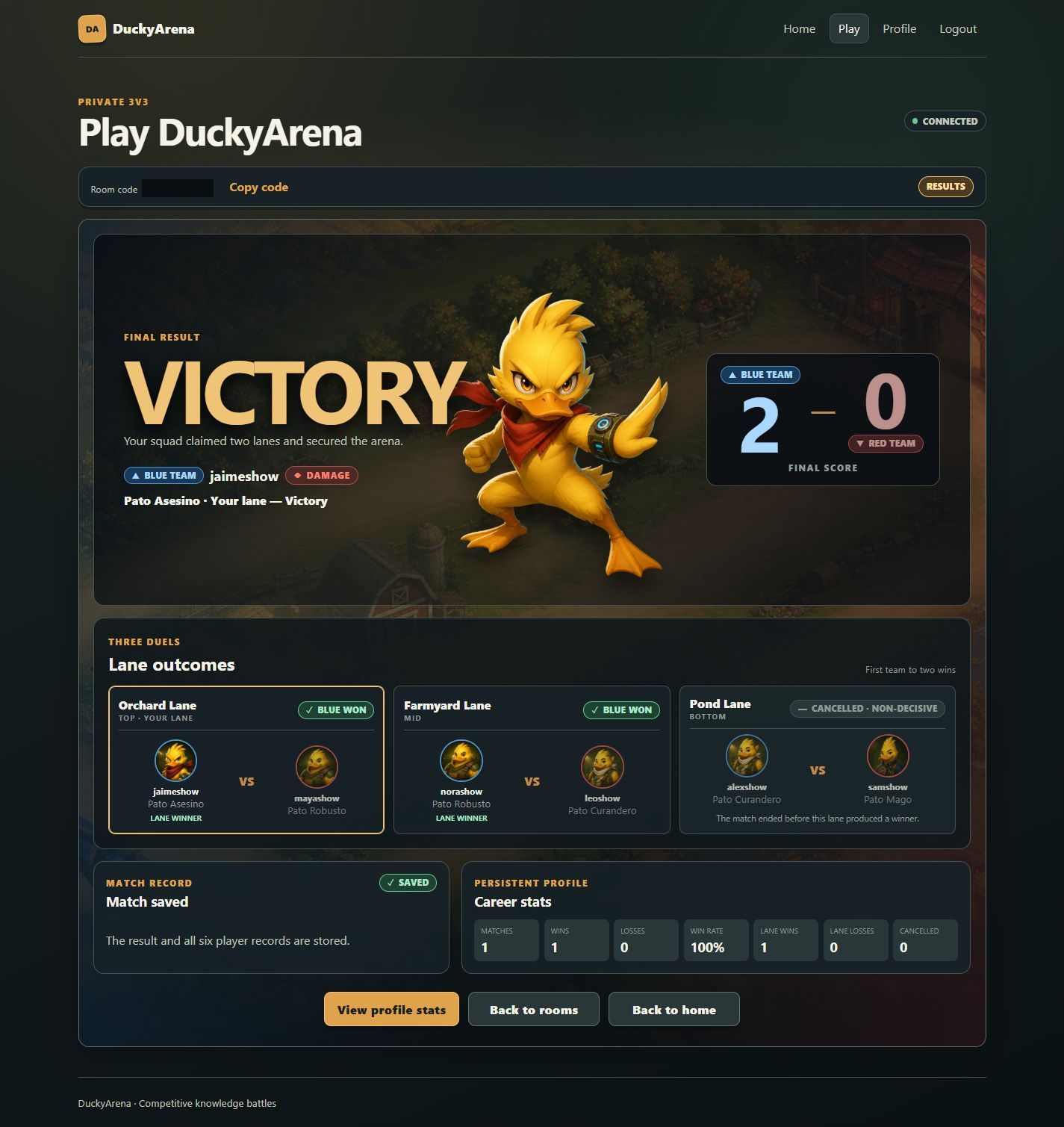DuckyArena victory result showing final BLUE and RED score, three lane outcomes and saved match status.